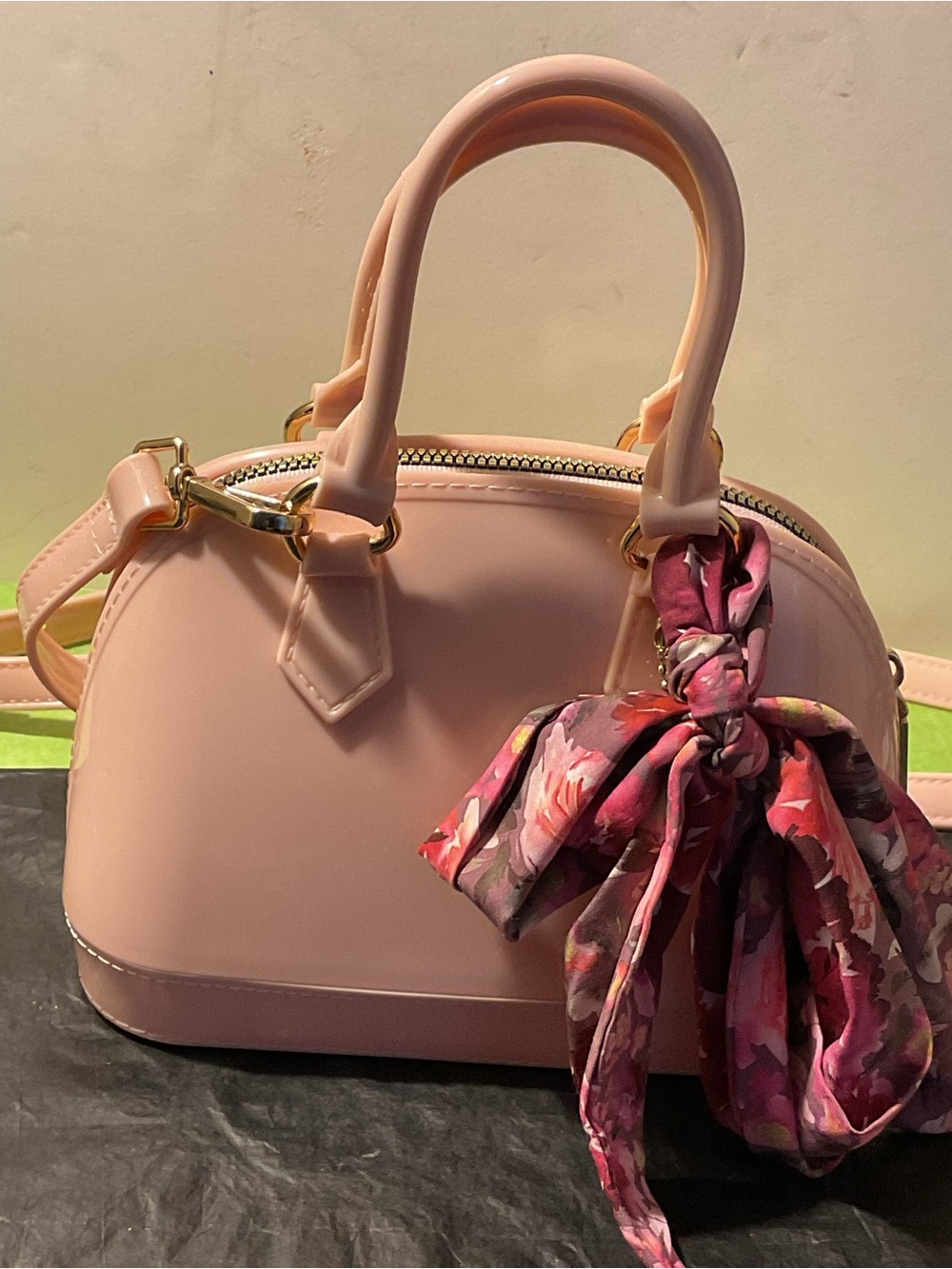Betsey Johnson Pink Dome Crossbody Satchel with Floral Scarf Accent
